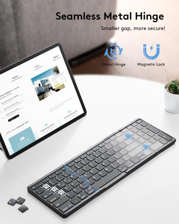 Samsers Foldable Bluetooth Keyboard with Numeric Keypad, Full-Size Wireless Folding Keyboards with PU Leather, Portable Travel for iOS Android Windows Mac OS, Support 3 Device(BT5.1 x 3)-Black - Image 4