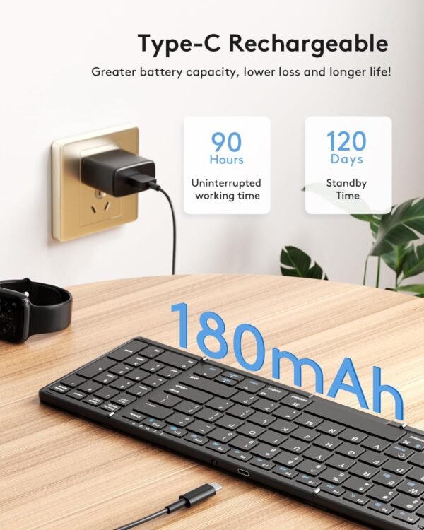 Samsers Foldable Bluetooth Keyboard with Numeric Keypad, Full-Size Wireless Folding Keyboards with PU Leather, Portable Travel for iOS Android Windows Mac OS, Support 3 Device(BT5.1 x 3)-Black - Image 5