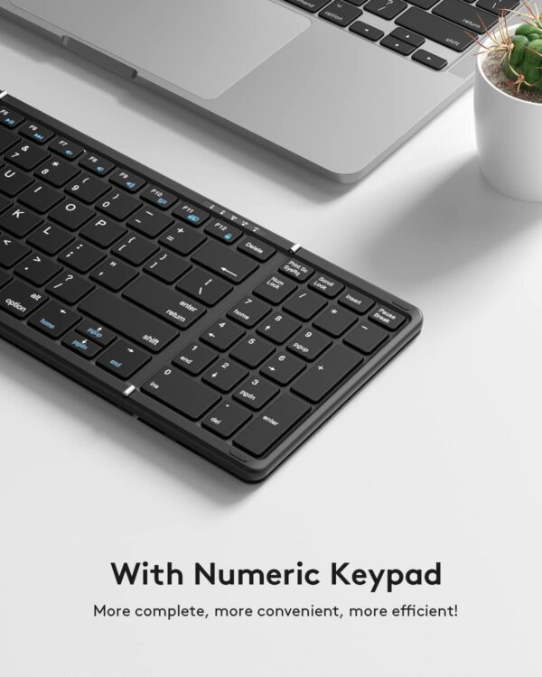Samsers Foldable Bluetooth Keyboard with Numeric Keypad, Full-Size Wireless Folding Keyboards with PU Leather, Portable Travel for iOS Android Windows Mac OS, Support 3 Device(BT5.1 x 3)-Black - Image 6
