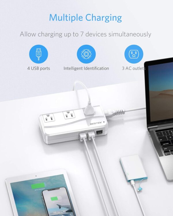 BESTEK Universal Travel Adapter 220V to 110V Voltage Converter with 6A 4-Port USB Charging and UK/AU/US/EU Worldwide Plug Adapter (White) - Image 3