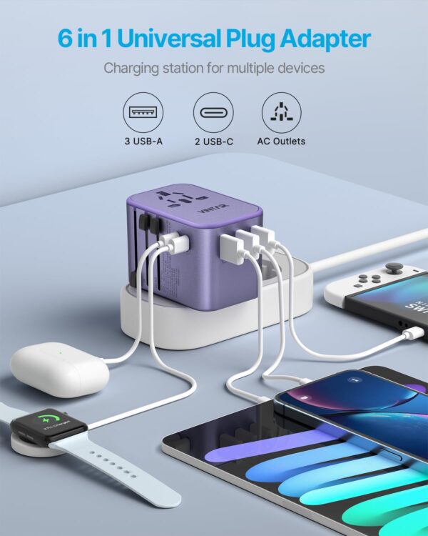 Universal Travel Adapter, VINTAR 35.5W International Power Adapter with 3 USB A QC and 2 USB C PD, All in One Plug Adapter Worldwide Travel Essentials for EU/UK/USA/AUS(Type C/G/A/I), Purple - Image 4