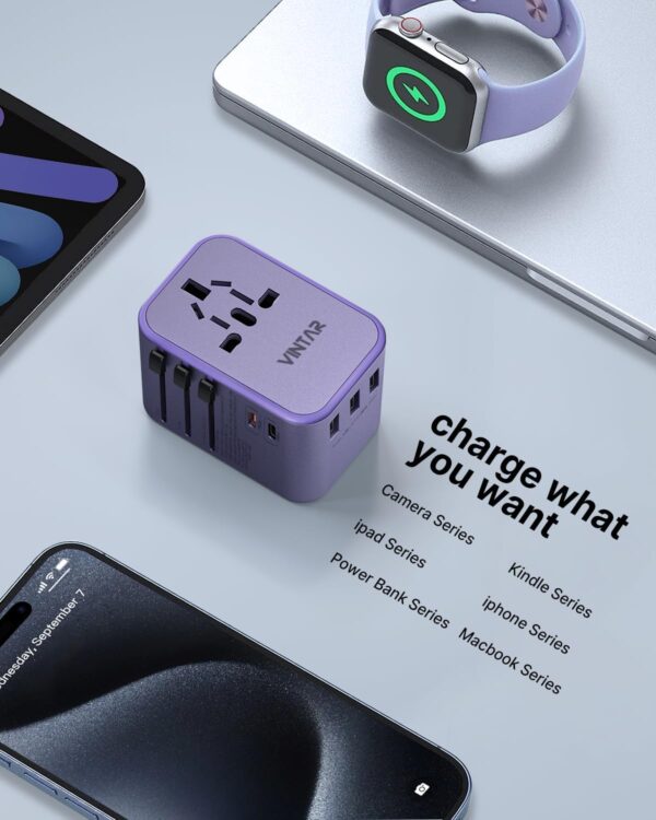 Universal Travel Adapter, VINTAR 35.5W International Power Adapter with 3 USB A QC and 2 USB C PD, All in One Plug Adapter Worldwide Travel Essentials for EU/UK/USA/AUS(Type C/G/A/I), Purple - Image 6
