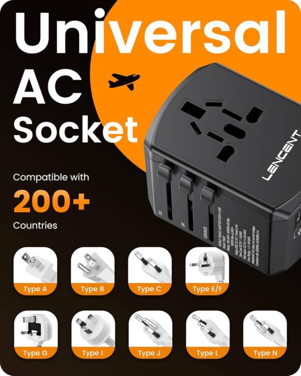 LENCENT Universal Travel Power Adapter, International AC Plug Adaptor with 2 USB C 2 USB A Ports Wall Charger Worldwide Travel Essentials for US to EU UK Ireland Australia (Type C/G/A/I) Black - Image 3