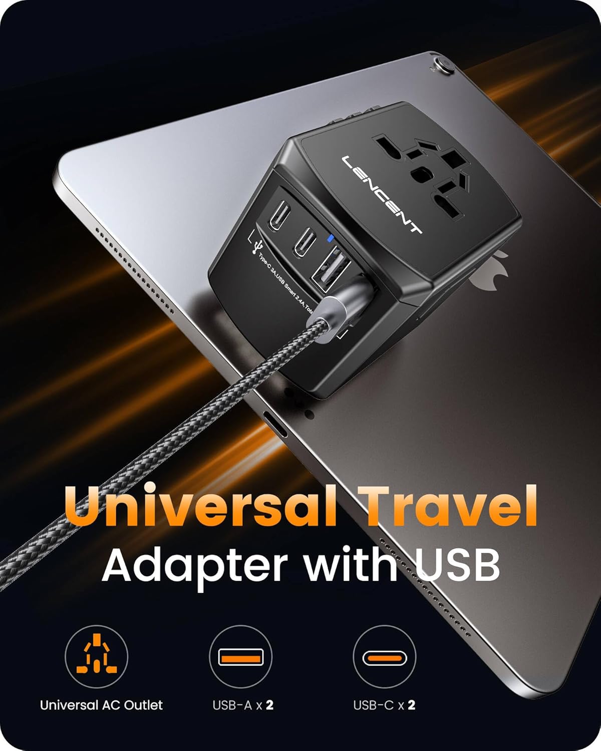 LENCENT Universal Travel Power Adapter, International AC Plug Adaptor with 2 USB C 2 USB A Ports Wall Charger Worldwide Travel Essentials for US to EU UK Ireland Australia (Type C/G/A/I) Black - Image 4