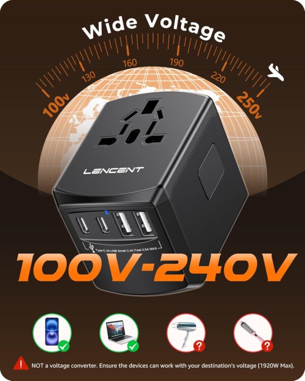 LENCENT Universal Travel Power Adapter, International AC Plug Adaptor with 2 USB C 2 USB A Ports Wall Charger Worldwide Travel Essentials for US to EU UK Ireland Australia (Type C/G/A/I) Black - Image 7