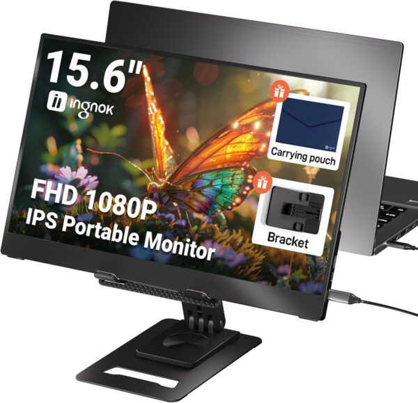 Ingnok 15.6'' FHD IPS Portable Monitor – Ultra Slim External Screen with USB C/HDMI for Laptop, Mac, PC, Phone, PS4, PS5, Switch (Renewed)