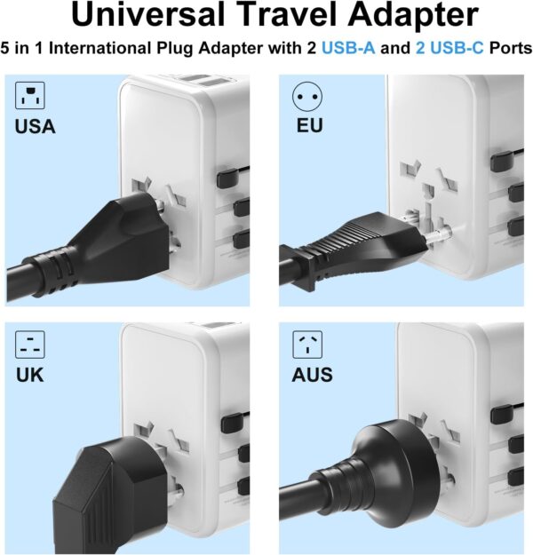 Universal Travel Adapter, International Power Adapter with 2 USB-C and 2 USB-A Ports, 70W Worldwide Travel Wall Charger for UK、Europe、USA、Australia,White. - Image 4