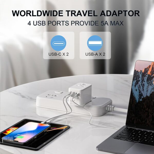 Universal Travel Adapter, International Power Adapter with 2 USB-C and 2 USB-A Ports, 70W Worldwide Travel Wall Charger for UK、Europe、USA、Australia,White. - Image 6