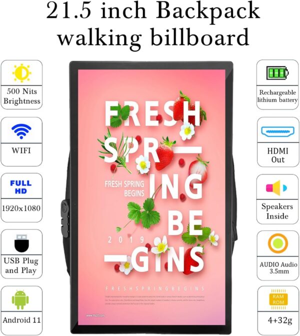 21.5 In Touch Advertising Digital Backpack with 2K LCD Backpack Screen Support Usb/App Remote Input Android 11 4G+32G - Image 3