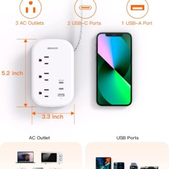 BESHON Flat Plug Power Strip, 3 Outlets with 3 USB Ports(2 USB C), Ultra Flat 3.2ft Wrapped Around Extension Cord for Cruise Ship, Travel, Dorm Room Essentials - Image 3