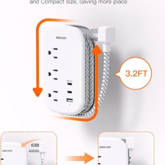 BESHON Flat Plug Power Strip, 3 Outlets with 3 USB Ports(2 USB C), Ultra Flat 3.2ft Wrapped Around Extension Cord for Cruise Ship, Travel, Dorm Room Essentials - Image 4