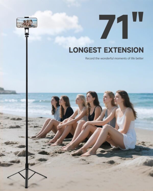 71” Phone Tripod & Selfie Stick, Portable All in One Extendable Cell Phone Tripod Stand, with Wireless Remote Control for iPhone/Samsung/Android/Camera - Image 3