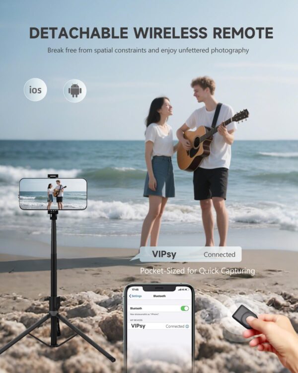 71” Phone Tripod & Selfie Stick, Portable All in One Extendable Cell Phone Tripod Stand, with Wireless Remote Control for iPhone/Samsung/Android/Camera - Image 4