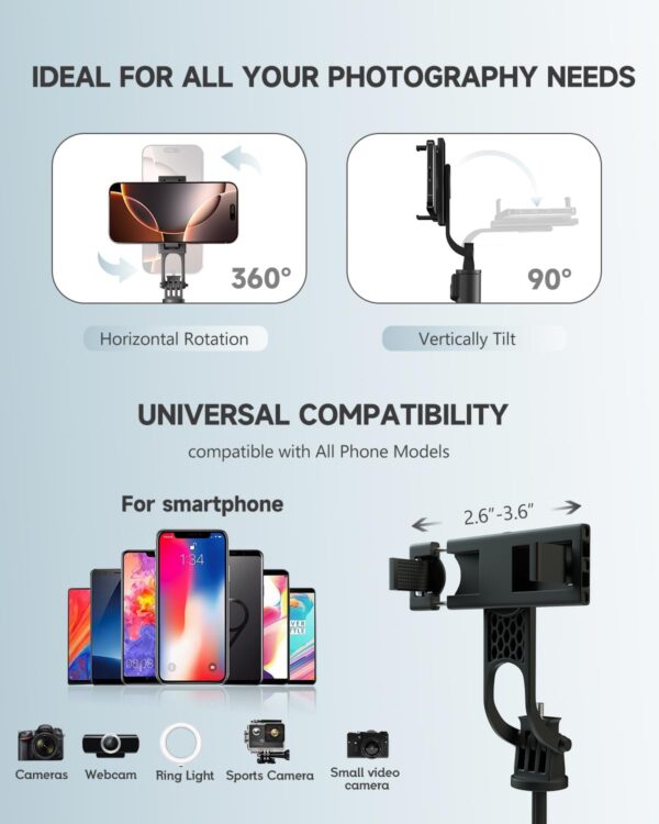 71” Phone Tripod & Selfie Stick, Portable All in One Extendable Cell Phone Tripod Stand, with Wireless Remote Control for iPhone/Samsung/Android/Camera - Image 5