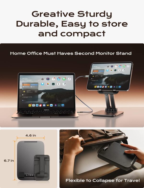 LISEN Tablet Stand for iPad Stand Holder Desk, Foldable Home Office Desk Accessories Travel for iPad Holder Dorm College Essentials Portable Monitor Stand Fits Tabs Kindle iPhone 4-15.9" Black - Image 3