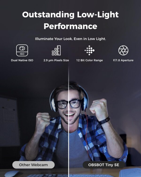 OBSBOT Tiny SE 1080P 100FPS Webcam for PC, AI Tracking PTZ Streaming Camera with 1/2.8" Sensor, Gesture Control, Dual ISO, Staggered HDR, Web Camera for Desktop Computer, Laptop, Meeting, Video Calls - Image 5
