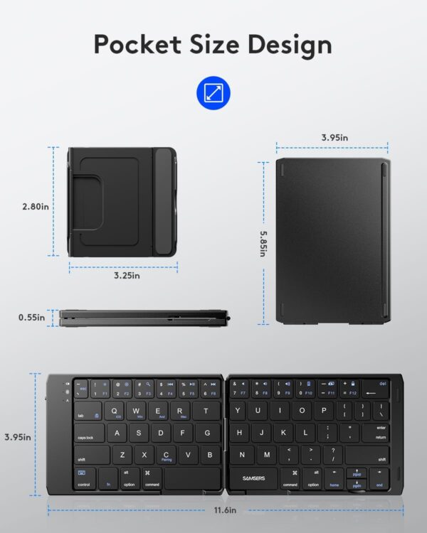 Samsers Foldable Bluetooth Keyboard Portable Folding Keyboard for Travel, Rechargeable Wireless Key Board with Phone Holder for iPad, iPhone, MacBook, Android, Windows Laptop Tablet PC - Black - Image 7