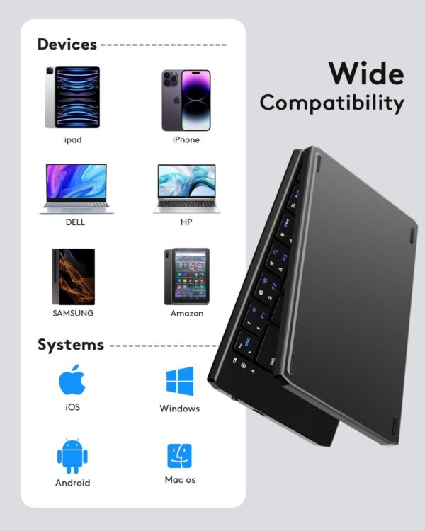 Samsers Foldable Bluetooth Keyboard Portable Folding Keyboard for Travel, Rechargeable Wireless Key Board with Phone Holder for iPad, iPhone, MacBook, Android, Windows Laptop Tablet PC - Black - Image 8
