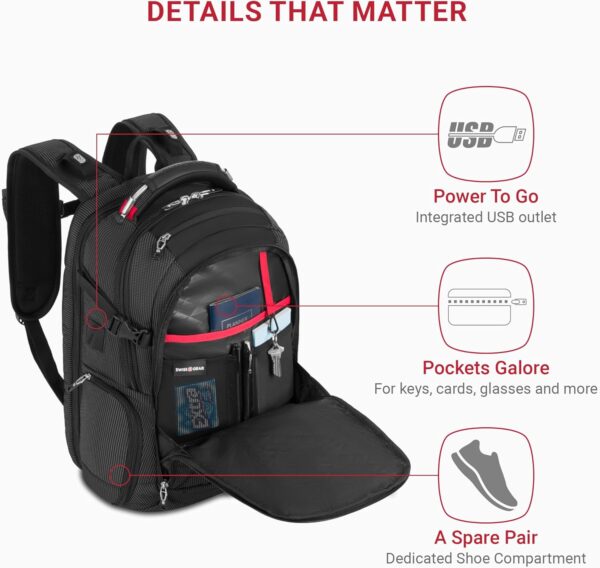 SwissGear Travel Tech Elite Laptop Backpack – Fits Laptops up to 16” – ScanSmart TSA-Friendly Backpack with USB Port, Shoe Compartment & Organizer Pockets – Black Dot - Image 3