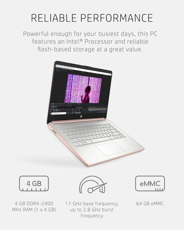 HP 14 Laptop, Intel Celeron N4020, 4 GB RAM, 64 GB Storage, 14-inch Micro-edge HD Display, Windows 11 Home, Thin & Portable, 4K Graphics, One Year of Microsoft 365 (14-dq0030nr, Pale Rose Gold) - Image 3