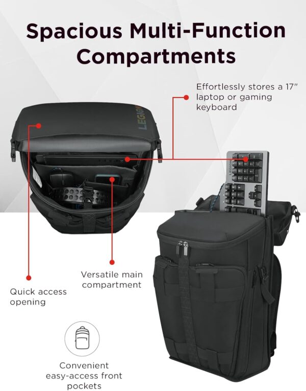 Lenovo Legion Active 17-inch Gaming Backpack - Black - Laptop Compartment - Durable & Water Resistant - Water Bottle Pocket - Image 3