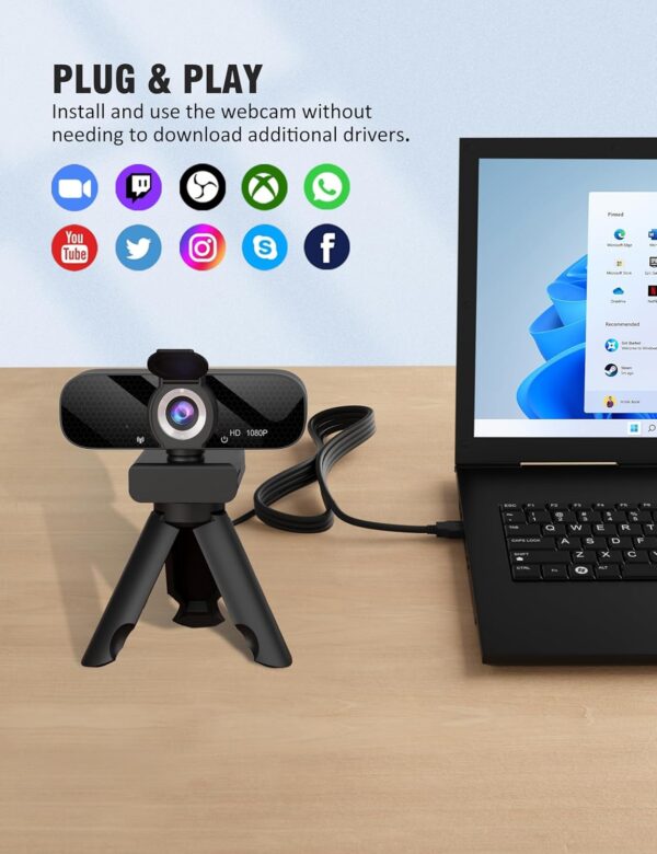 Full HD Webcam with Built-in Microphone and Rotatable Tripod, 1080P Video and Wide Angle Camera, Privacy Cover, for Desktop PC or Laptop Computer - Image 5