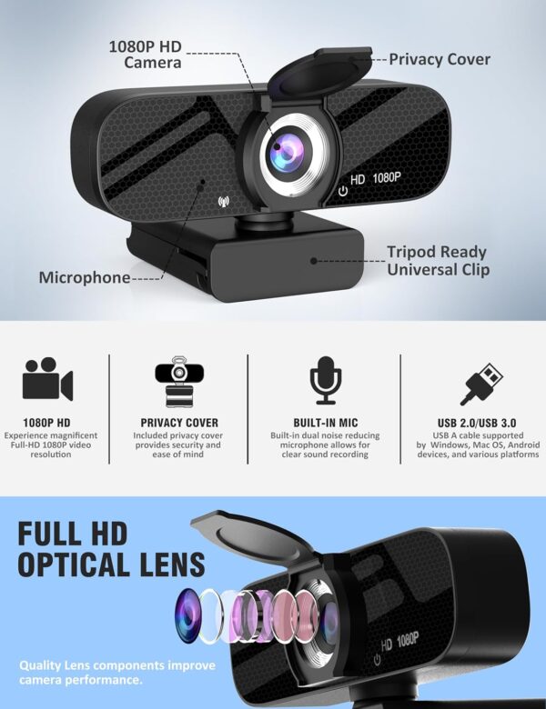 Full HD Webcam with Built-in Microphone and Rotatable Tripod, 1080P Video and Wide Angle Camera, Privacy Cover, for Desktop PC or Laptop Computer - Image 6