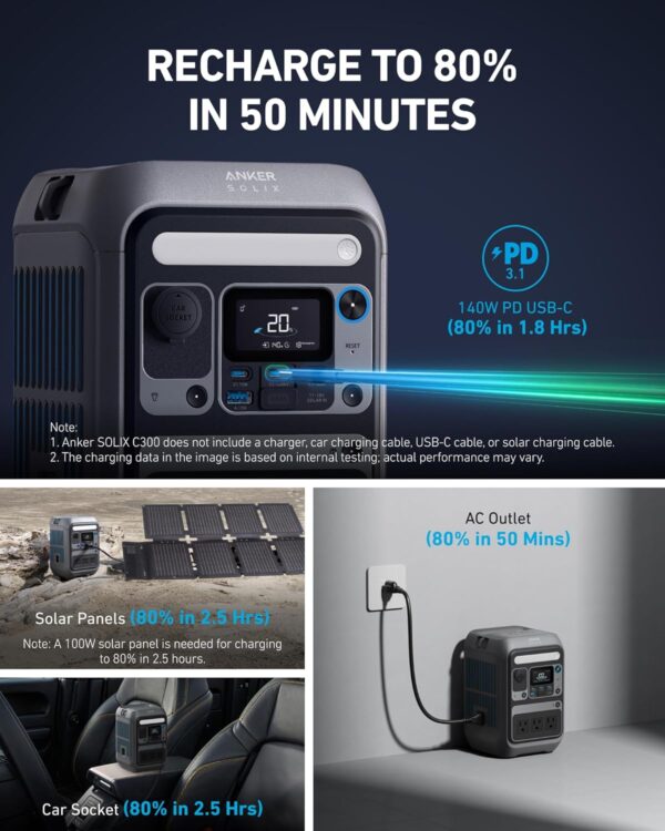 Anker Portable Power Station SOLIX C300, 288Wh LiFePO4 Battery, 300W (600W Surge) Solar Generator, 140W Two-Way Fast Charging, for Outdoor Camping, Traveling, and Emergencies (Solar Panel Optional) - Image 6