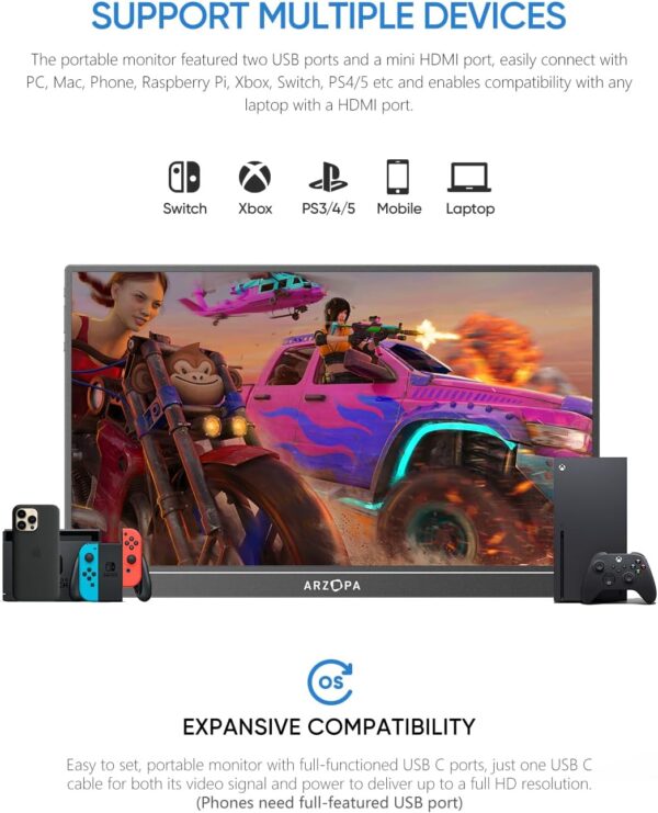 ARZOPA 16.1'' 144Hz Portable Gaming Monitor, 106% sRGB 1080P FHD Kickstand Portable Monitor with HDR, Ultra Slim, Eye Care, External Second Screen for Laptop, PC, PS5, Mac, Xbox-Z1FC - Image 7