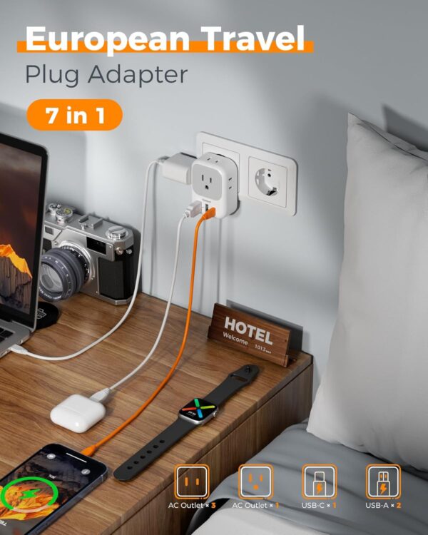 European Travel Plug Adapter USB C, TESSAN International Plug Adapter with 4 AC Outlets 3 USB Charging Ports, Type C Europe Power Adaptor for US to EU France Germany Iceland Spain Italy - Image 4