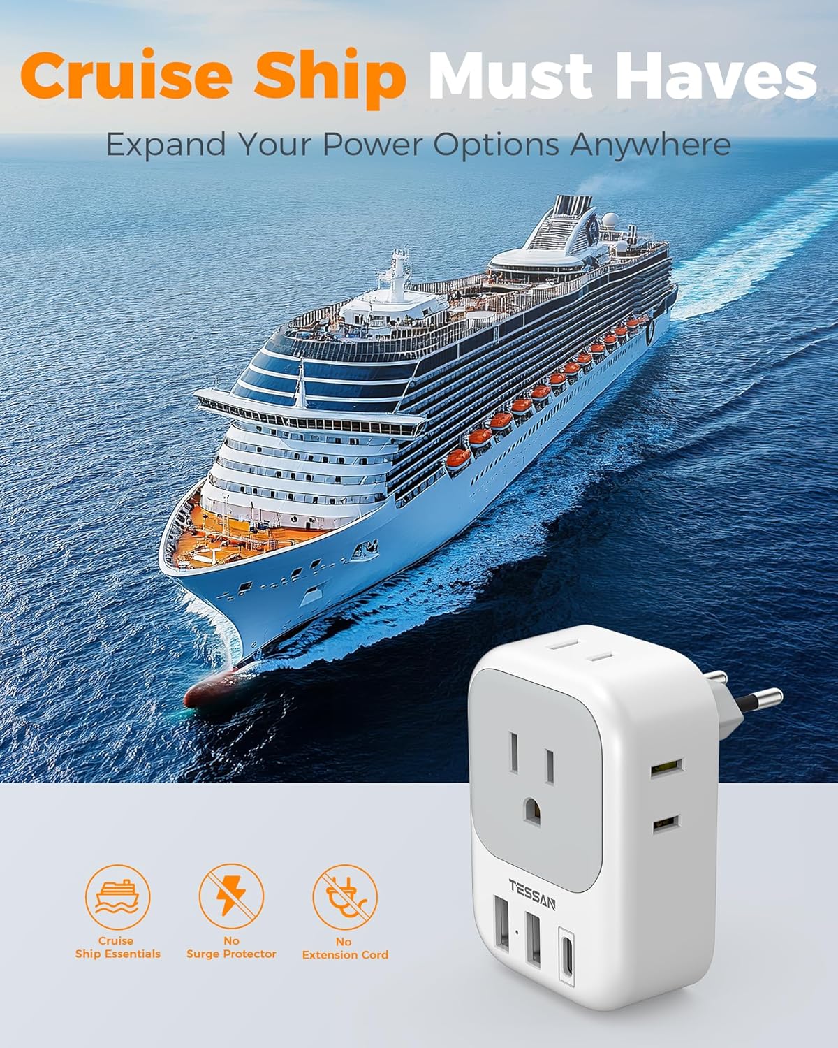 European Travel Plug Adapter USB C, TESSAN International Plug Adapter with 4 AC Outlets 3 USB Charging Ports, Type C Europe Power Adaptor for US to EU France Germany Iceland Spain Italy - Image 6
