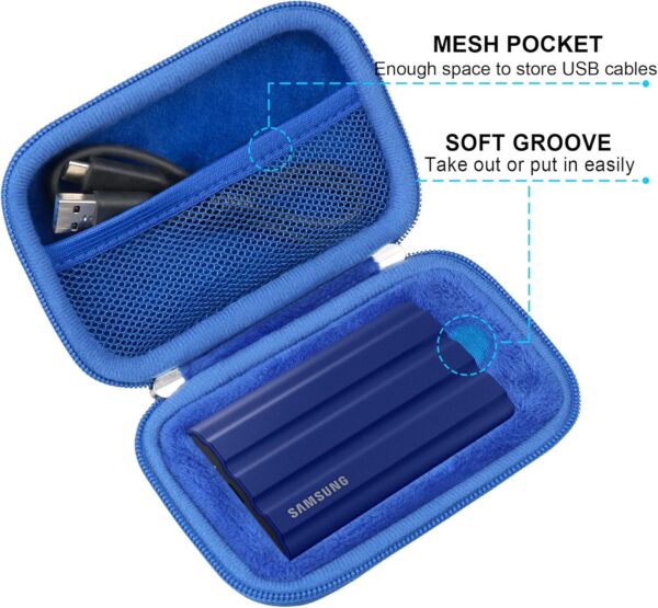 Lacdo Hard Carrying Case for Samsung T7 Shield/Samsung T7 / Touch Portable Solid State Drives 500GB 1TB 2TB 4TB USB 3.2 External SSD Hard EVA Shockproof Storage Travel Bag, Blue - Image 4
