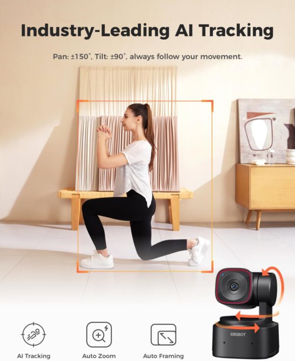 OBSBOT Tiny 2 Lite 4K Webcam for PC, AI Tracking PTZ Streaming Camera with 1/2" Sensor, Gesture Control, 60 FPS, HDR, Microphones, Web Camera for Desktop Computer, Laptop, Meeting, Video Calls, etc. - Image 3