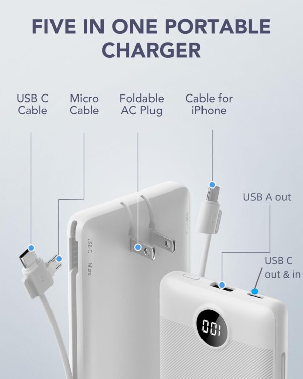 VRURC Portable Charger Built-in Cables and AC Wall Plug, USB C Power Bank 10000mAh, Travel Essentials Phone Charger Compact Lightweight External Battery Pack for Smart Phones, Tablets etc-White - Image 3