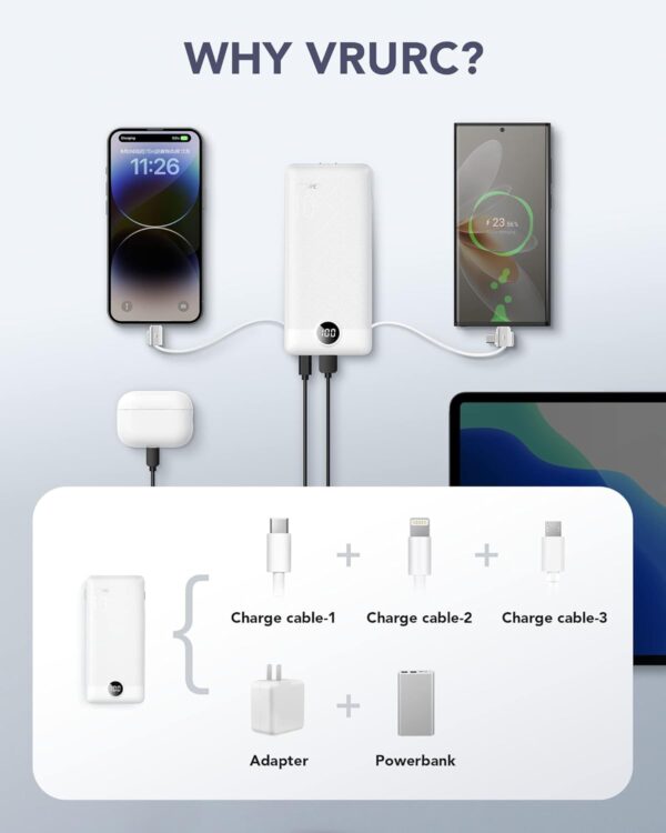 VRURC Portable Charger Built-in Cables and AC Wall Plug, USB C Power Bank 10000mAh, Travel Essentials Phone Charger Compact Lightweight External Battery Pack for Smart Phones, Tablets etc-White - Image 4