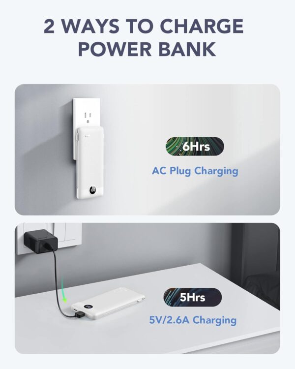 VRURC Portable Charger Built-in Cables and AC Wall Plug, USB C Power Bank 10000mAh, Travel Essentials Phone Charger Compact Lightweight External Battery Pack for Smart Phones, Tablets etc-White - Image 5
