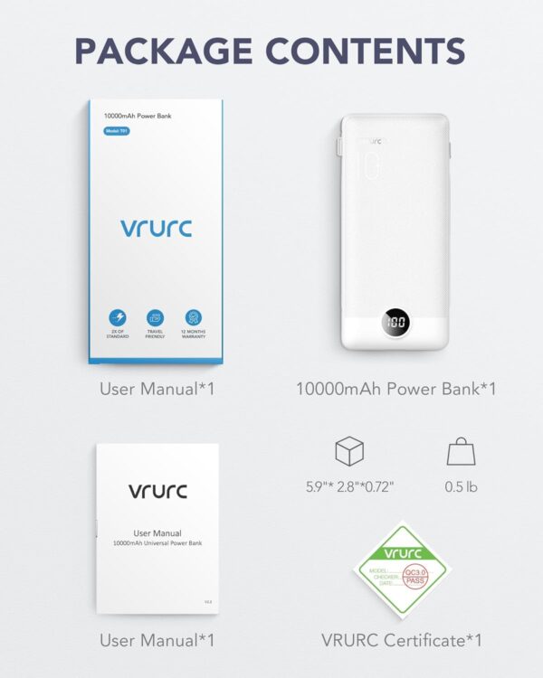 VRURC Portable Charger Built-in Cables and AC Wall Plug, USB C Power Bank 10000mAh, Travel Essentials Phone Charger Compact Lightweight External Battery Pack for Smart Phones, Tablets etc-White - Image 8