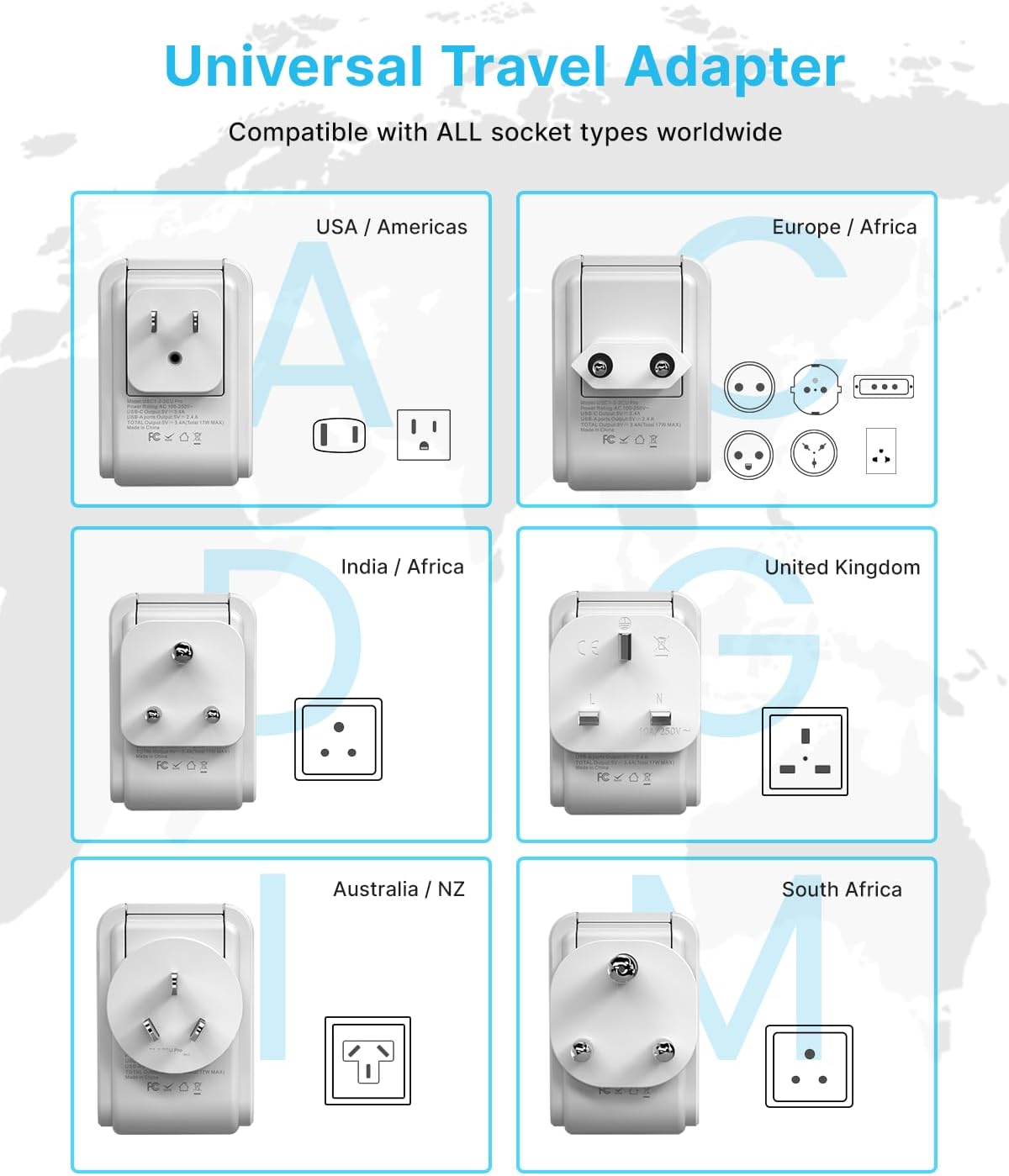 VINTAR Universal Travel Adapter Kit, International Power Adapter with 3 USB Ports (2 USB C) 4 AC Outlets, Type A,C,G,D,I,M Detachable Attachments, Travel Adapter Worldwide for US/EU/UK/India/Africa - Image 3