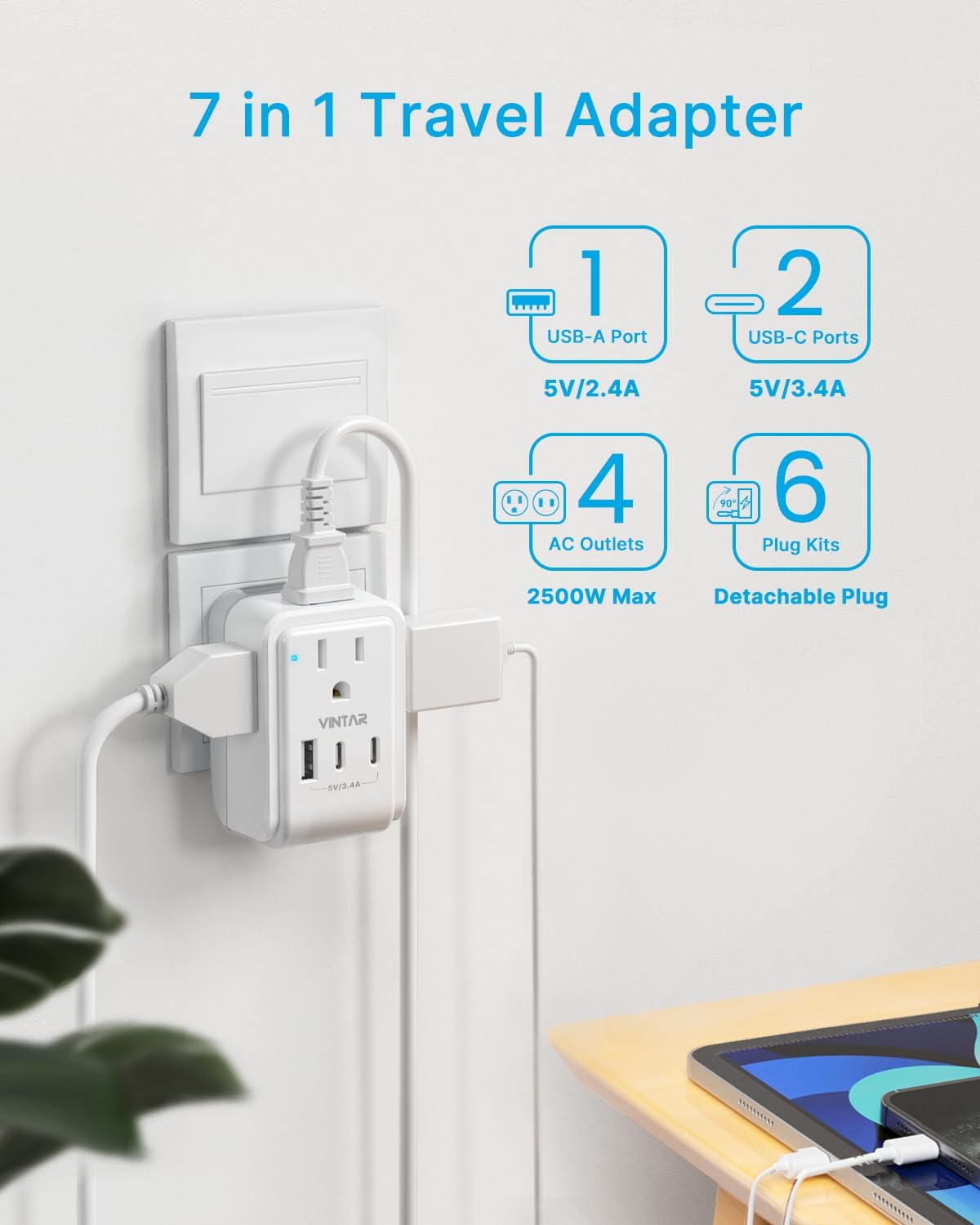 VINTAR Universal Travel Adapter Kit, International Power Adapter with 3 USB Ports (2 USB C) 4 AC Outlets, Type A,C,G,D,I,M Detachable Attachments, Travel Adapter Worldwide for US/EU/UK/India/Africa - Image 5