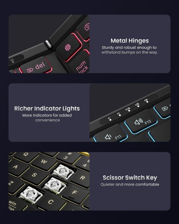 Samsers Foldable Bluetooth Keyboard with Numeric Keypad, Full-Size Wireless Folding Keyboards with Backlight, Portable Travel for iOS Android Windows Mac OS, Support 3 Device(BT5.1 x 3), Black - Image 7