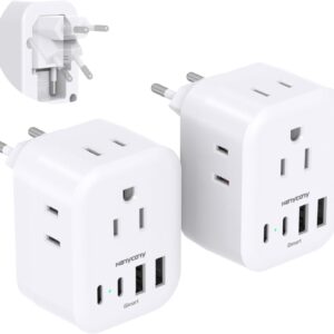 2 Pack European Travel Plug Adapter, HANYCONY International Power Adapter 4 Outlets 4 USB C Ports (2 USB C), Foldable Type C Adapter for US to Most Europe EU Italy Spain Greece Portugal France Germany