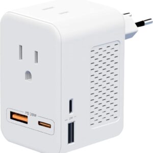 220V to 110V Voltage Converter US to Europe International Universal Travel Adapter, 20W PD with Fast Charging 2 USB-A 2 USB-C Port for European Travel to Italy Spain France Portugal Iceland Germany