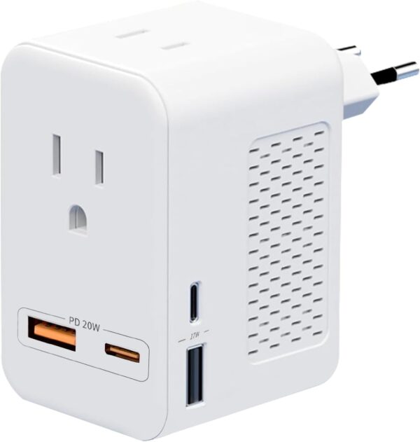 220V to 110V Voltage Converter US to Europe International Universal Travel Adapter, 20W PD with Fast Charging 2 USB-A 2 USB-C Port for European Travel to Italy Spain France Portugal Iceland Germany