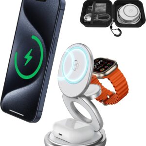 3 in 1 Charging Station for Apple Magsafe Travel Charger for Multiple Devices Aluminum Foldable Magnetic Wireless Charger with 360 Rotating for iPhone 16/15/14/13/12 Series,for iWatch,for Airpods