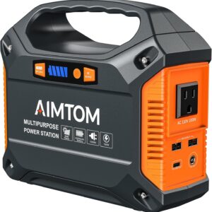 AIMTOM 155Wh Portable Power Station, 42000mAh Lithium Backup Battery with Flashlight, Solar Charging Option – 150W Peak (100W AC), 12V DC, USB & USB-C for Camping, Home, RV, Travel & Digital Nomads