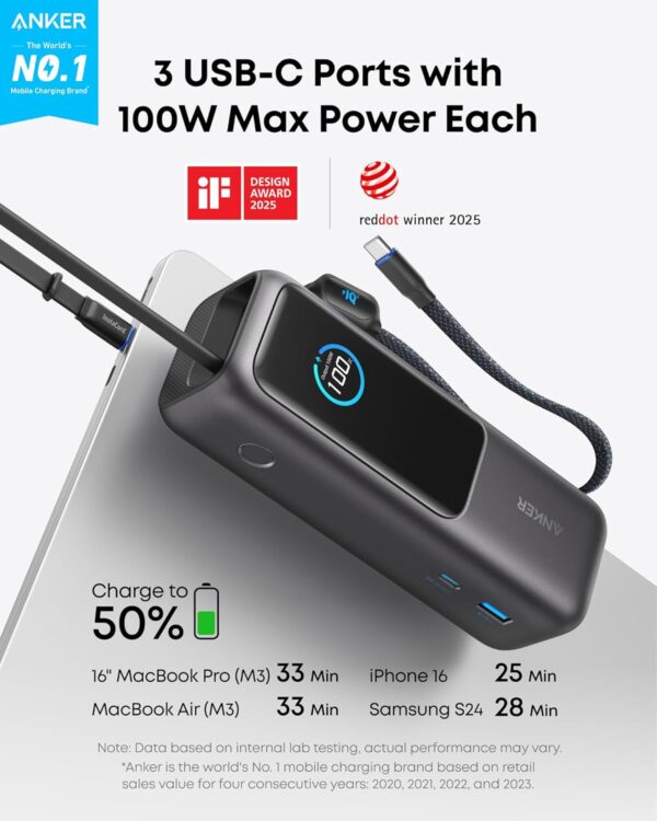 ANKER Laptop Power Bank, 25,000mAh Portable Charger with Triple 100W USB-C Ports for Multi-Device Charging, Built-in and Retractable Cables, for iPhone 16/15 Series, MacBook, Samsung, and More - Image 2