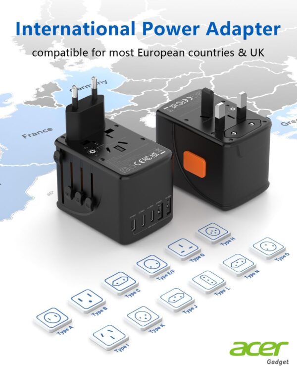Acer Universal Travel Plug Adapter - International Power Adapter with 5 USB Ports (3 USB C) 5.8A, Worldwide Outlet Charger for USA to European UK France Germany Spain, Type C/E/F/G/I/L/A, Black - Image 2