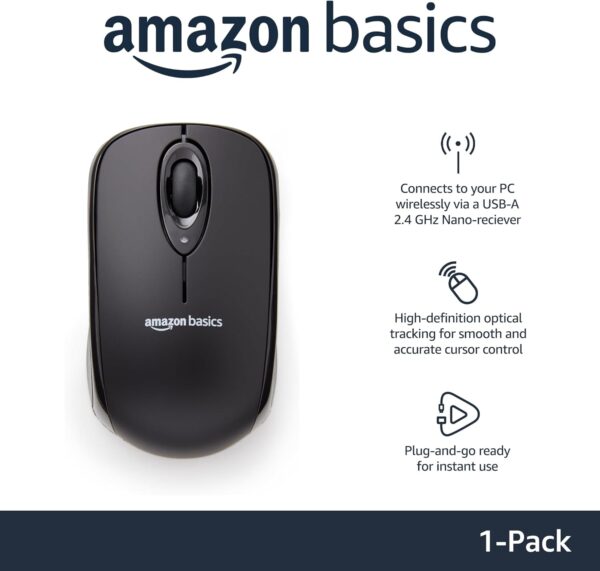 Amazon Basics 2.4 Ghz Wireless Optical Computer Mouse with USB Nano Receiver, Black - Image 2