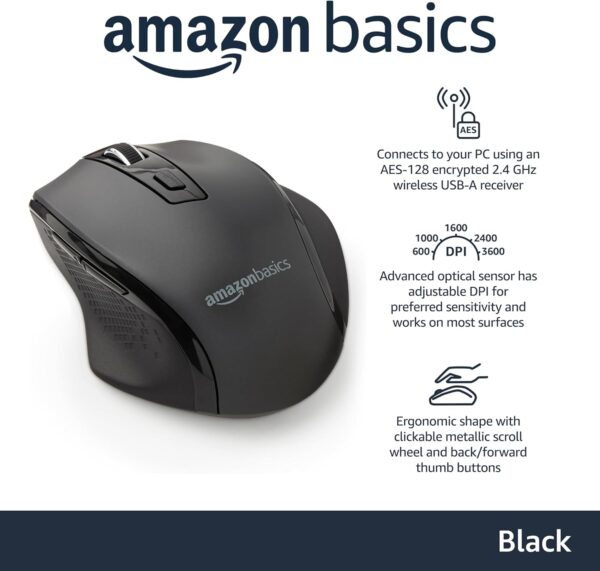 Amazon Basics Computer Mouse Wireless, Ergonomic, 2.4 GHz Optical, DPI Adjustable, Compatible With PC, Mac, Laptop, Black - Image 2