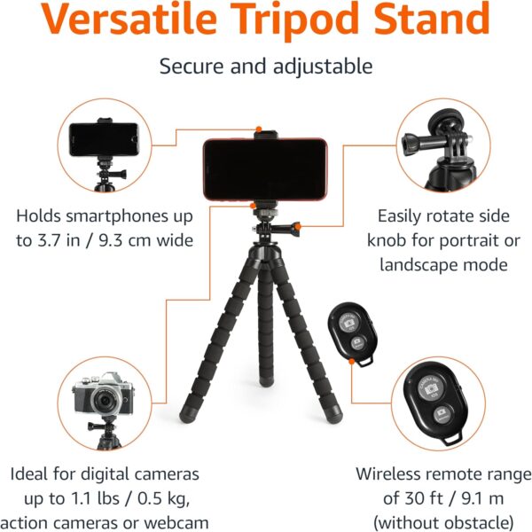 Amazon Basics Portable and Flexible Tripod with Wireless Remote and Smartphone Clamp, 10-inch long, Black - Image 2